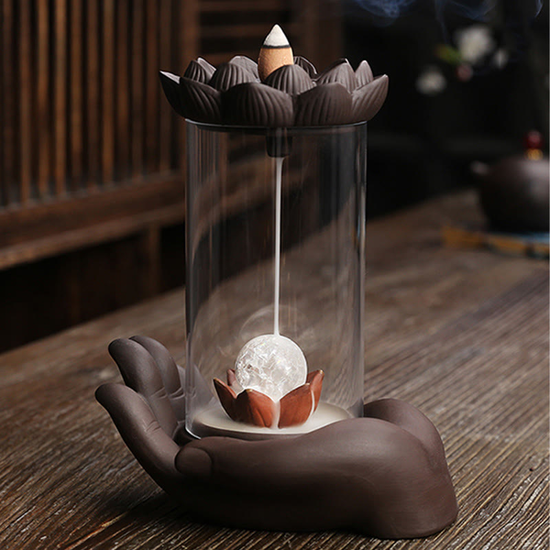 Buddha Hand Lotus Enlightenment LED Light Purple Clay Ceramic Incense Burner Decoration - Image 10