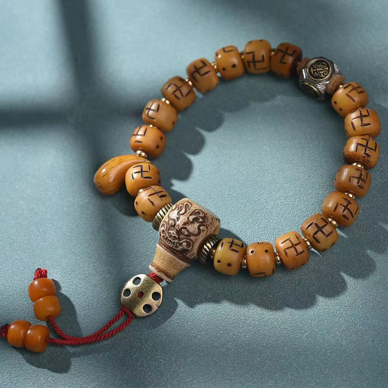 Natural Tibetan Camel Bone Swastika Dzi Bead Shankha Buddha Charm Kirtimukha Luck Protection Tassel Bracelet - Image 13