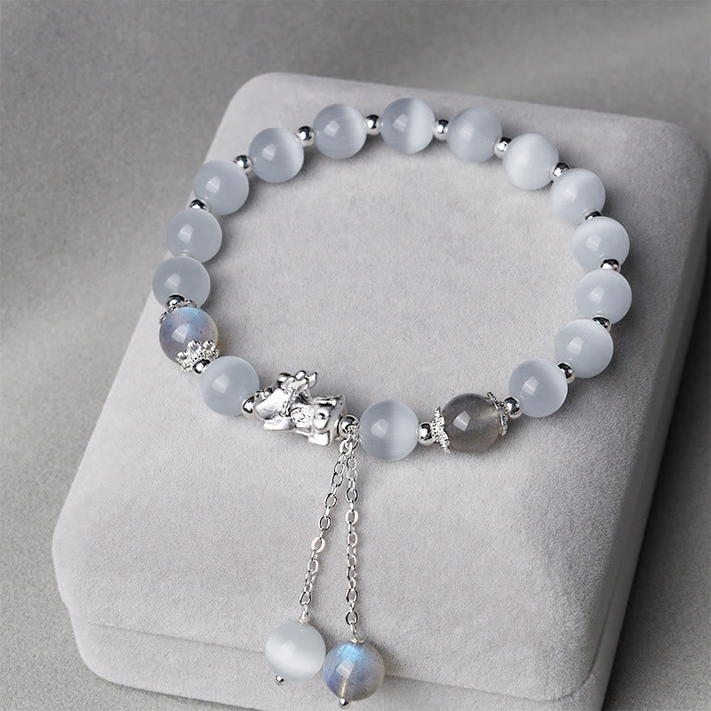 Natural Cat's Eye Moonstone Strawberry Quartz PiXiu Support Bracelet