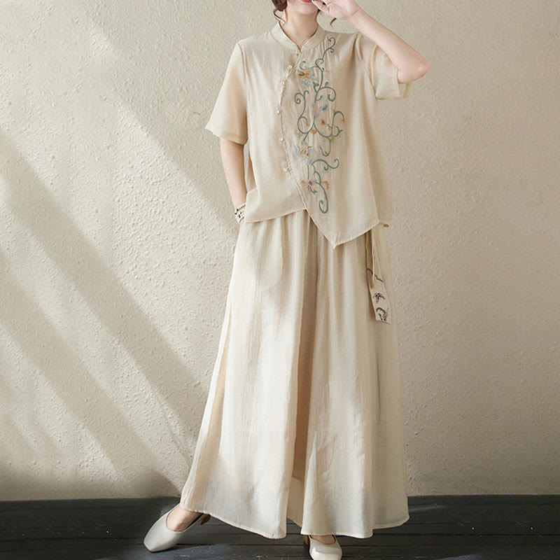 2Pcs Flower Embroidery Short Sleeve Tee T-shirt Wide Leg Pants Set