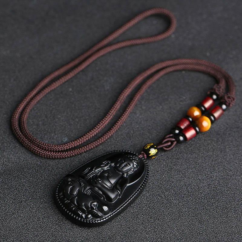 Chinese Zodiac Natal Buddha Natural Black Obsidian Purification Necklace Pendant - Image 4