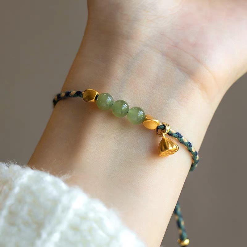 Handcrafted Hetian Jade Lotus Charm Luck Braided Bracelet - Image 3