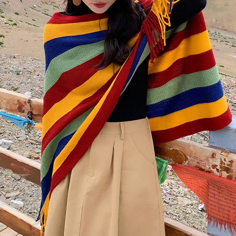 Tibetan Colorful Striped Design Shawl Tassels Pullover Winter Cozy Travel Scarf Wrap - Image 4