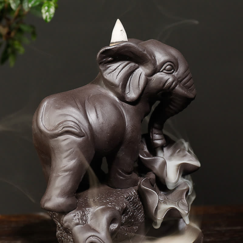 Tibetan Elephant Purple Clay Backflow Smoke Fountain Peace Healing Incense Burner Decoration - Image 5
