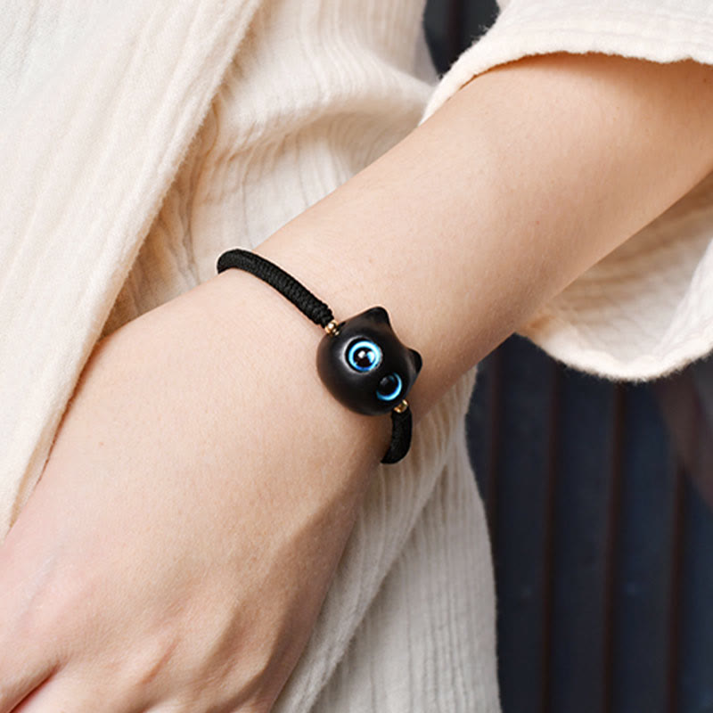 Ebony Wood Cat Head Pattern Peace King Kong Knot Braided Bracelet - Image 20