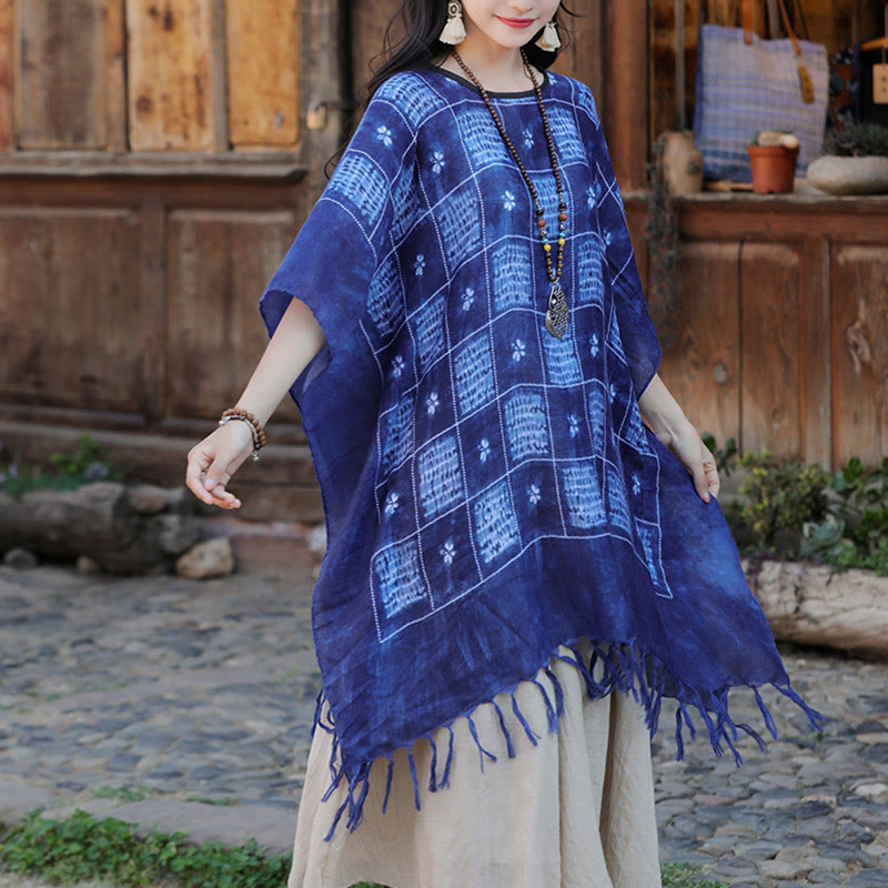 Blue Color Block Plaid Shawl Tassels Soft Pullover 90*95cm