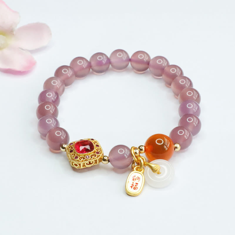 Natural Purple Chalcedony Candy Agate Peace Buckle Harmony Lucky Fortune Charm Bracelet