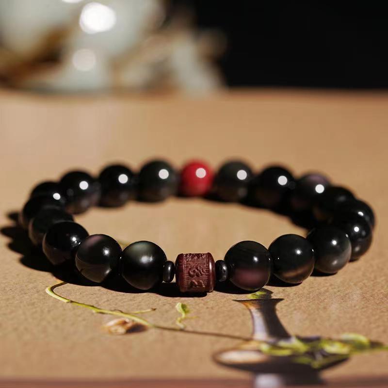 Natural Gold Sheen Obsidian Rainbow Obsidian Om Mani Padme Hum Fu Character Healing Bracelet - Image 44