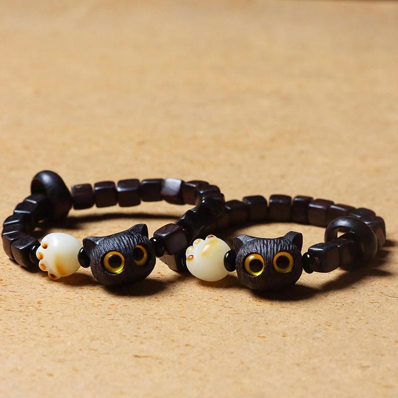 Ebony Wood Cute Cat Bodhi Seed Paw Claw Square Beads Calm Bracelet - Image 4