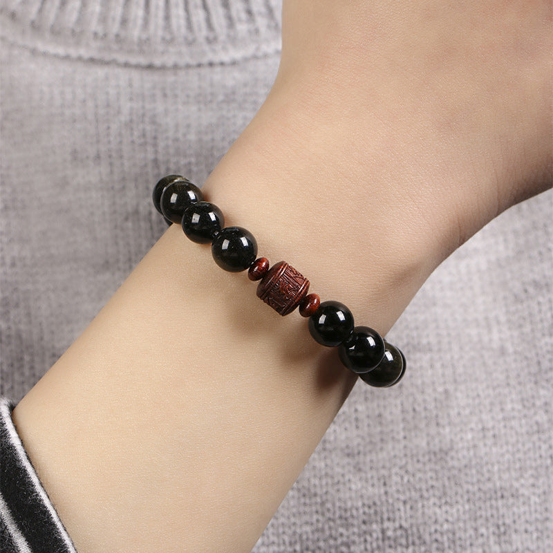 Natural Gold Sheen Obsidian Rainbow Obsidian Om Mani Padme Hum Fu Character Healing Bracelet - Image 10
