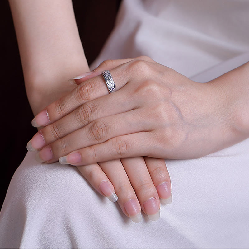 999 Sterling Silver Lotus Flower Plum Blossom Auspicious Clouds Engraved Enlightenment Ring - Image 4