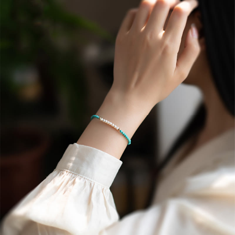 925 Sterling Silver Natural Turquoise Pearl Beaded Bracelet - Image 11