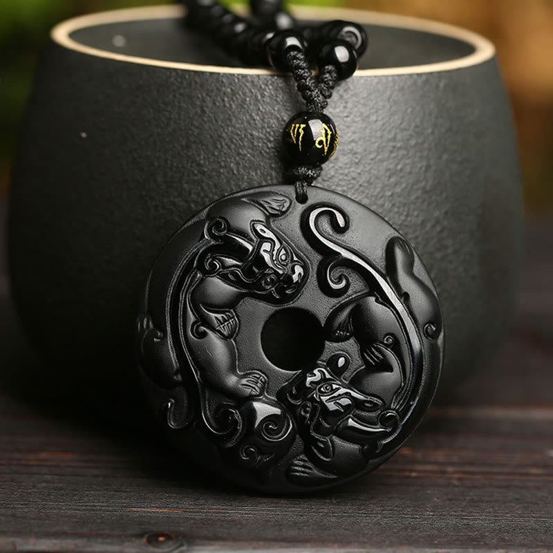 Natural Black Obsidian Peace Buckle Pixiu Bead Rope Strength Necklace Pendant - Image 6