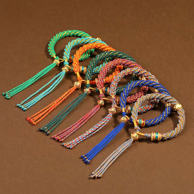 Tibetan Handmade Luck Protection Thangka Prayer Wheel Bell Charm Braid String Bracelet - Image 3