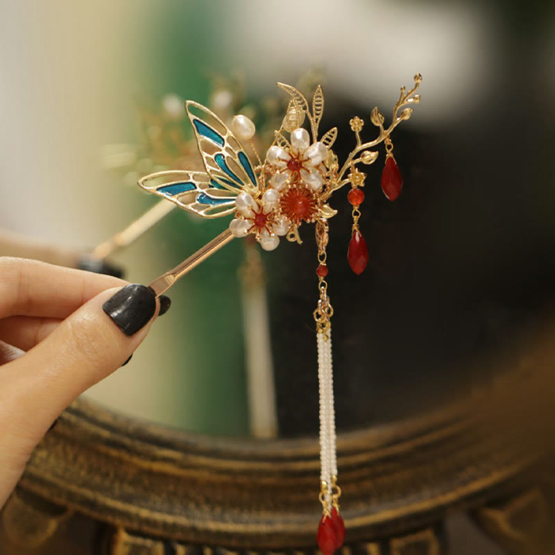 Classical Chinese Style Flower Branche Butterfly Pearl Tassel Hair Clip Hair Comb Hair Crown - Image 8