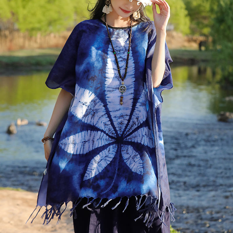 Blue Batik Shawl Tassels Maple Leaf Cozy Travel Pullover 95*90cm