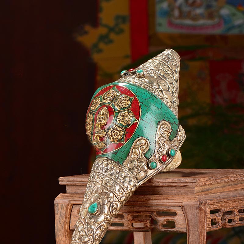 Tibetan Handmade Engraved Shankha Double Dorje Buddha Conch Shell Wealth Positive Decoration - Image 12