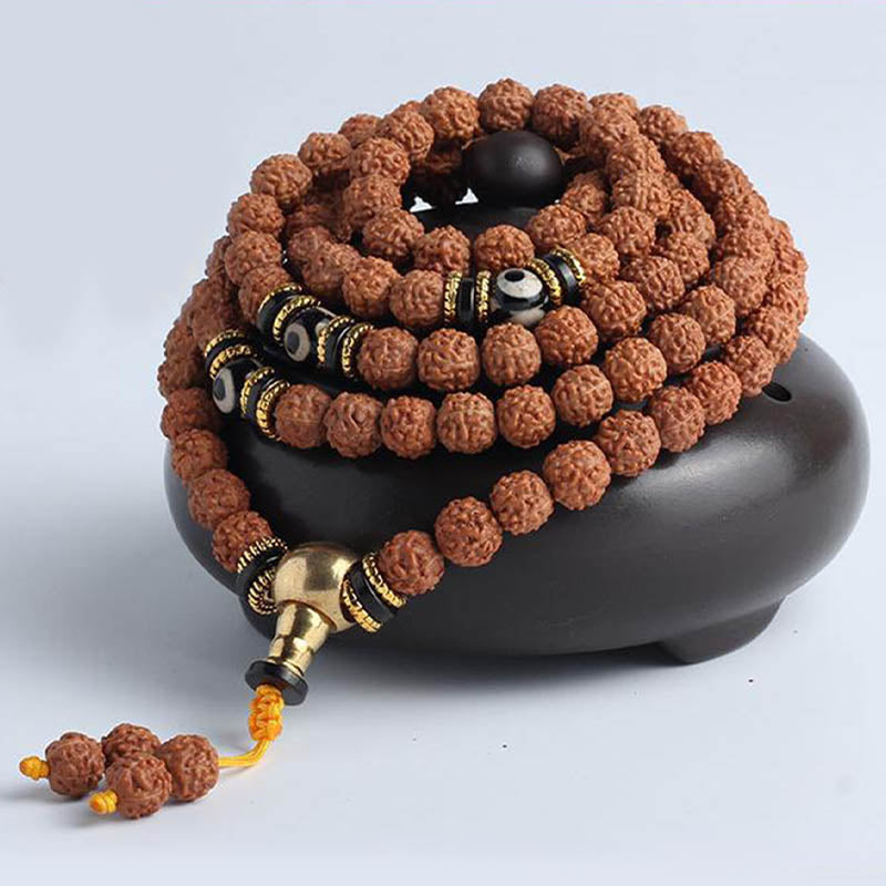 108 Mala Beads Rudraksha Bodhi Seed Dzi Bead Luck Wealth Bracelet - Image 9