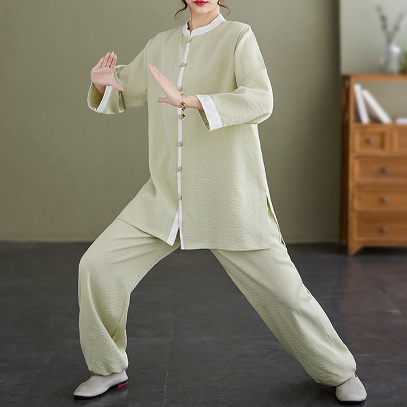 2Pcs Vintage Long Sleeve Shirt Top Pants Meditation Zen Tai Chi Cotton Linen Clothing Women's Set - Image 18