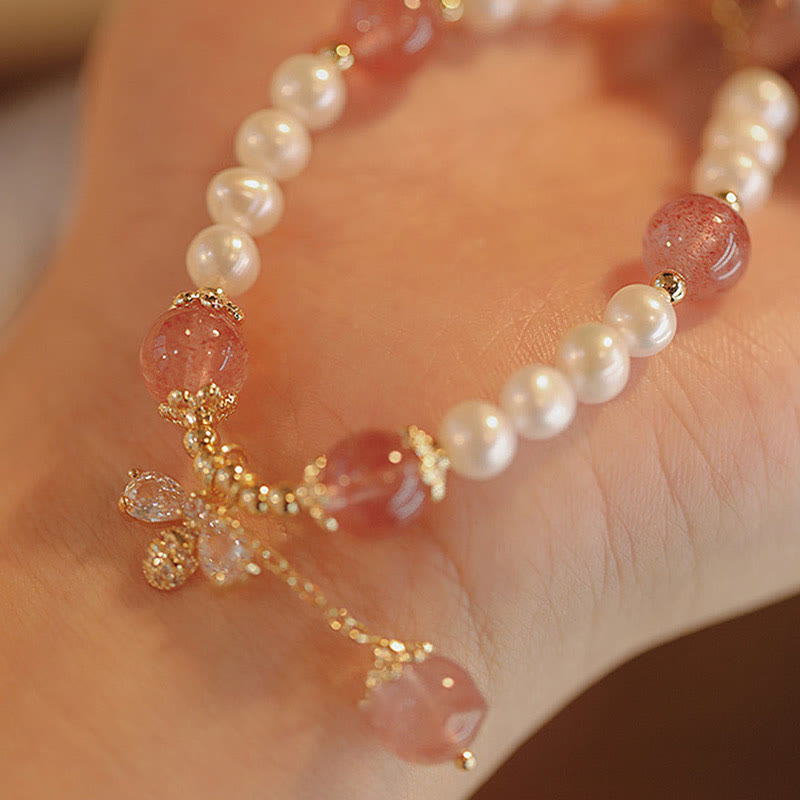 Natural Pearl Strawberry Quartz Healing Cute Honey Bee Charm Bracelet - Image 6
