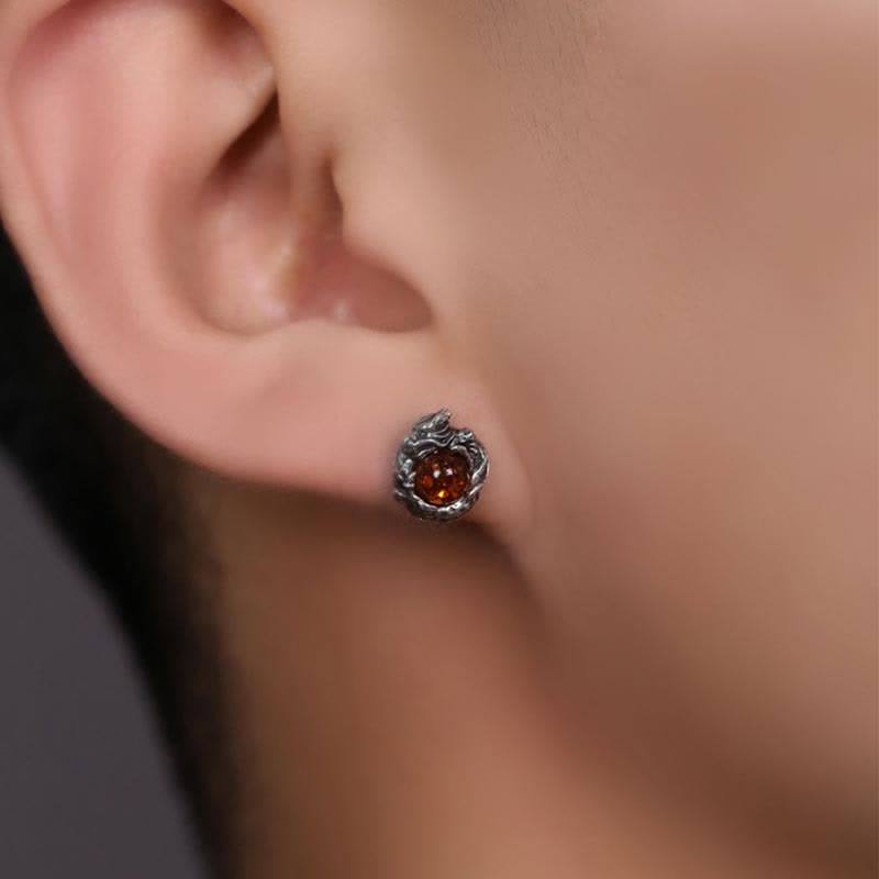 925 Sterling Silver Natural Amber Dragon Success Protection Stud Earring - Image 5