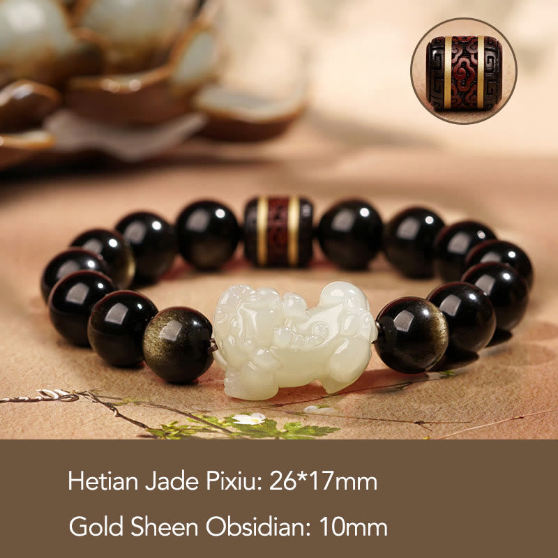 Natural Gold Sheen Obsidian Hetian Cyan Jade White Jade PiXiu Wealth Bracelet - Image 6