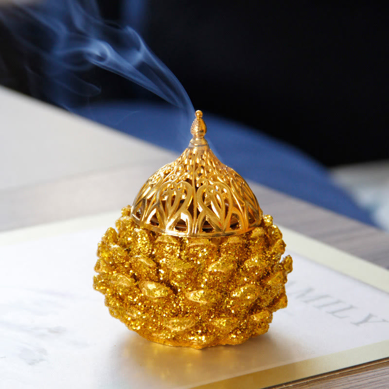 Gold Pine Cone Pattern Spiritual Rituals Mini Incense Burner Home Tabletop Decor - Image 12