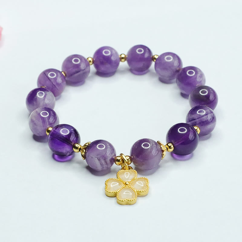 Natural Amethyst Crystal Inner Peace Four Leaf Clover Charm Bracelet