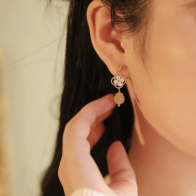 Tridacna Stone Flower Jade Bead Blessing Drop Earrings - Image 9