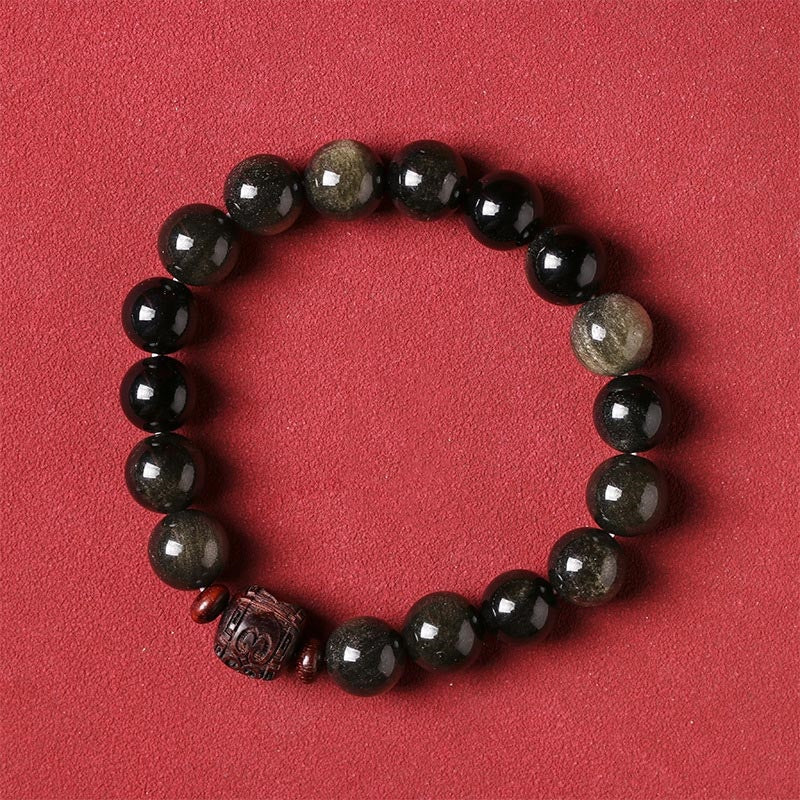 Natural Gold Sheen Obsidian Rainbow Obsidian Om Mani Padme Hum Fu Character Healing Bracelet - Image 20