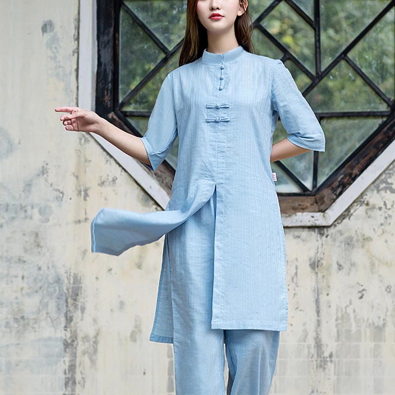 2Pcs Half Sleeve Shirt Top Pants Meditation Zen Tai Chi Linen Clothing Women's Set - Image 12