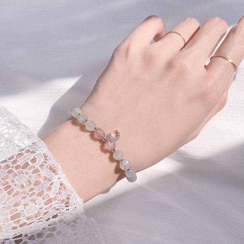 Strawberry Quartz Moonstone Luck Moon Charm Bracelet - Image 5