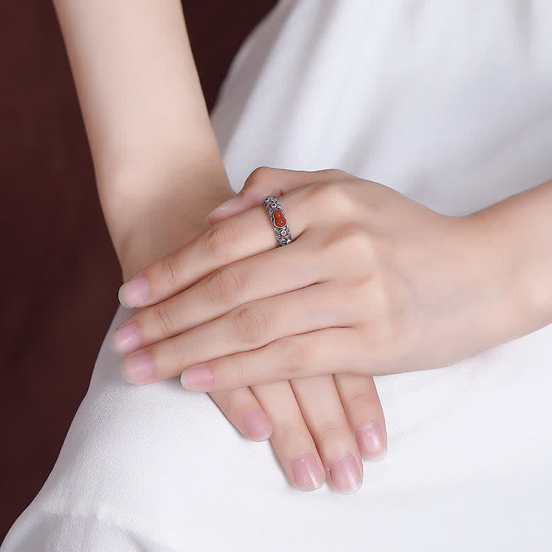 925 Sterling Silver Red Agate Cyan Jade Gourd Blessing Auspicious Ring - Image 4