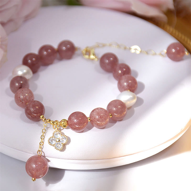 Natural Strawberry Quartz Pearl Four Leaf Clover Love Bracelet