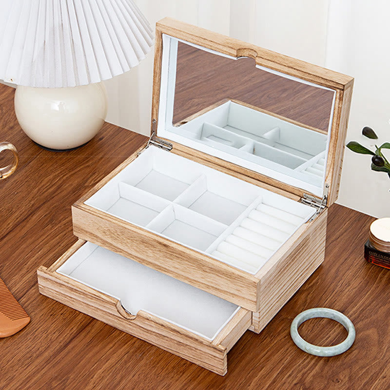 Retro Beige Wooden Jewelry Box Two-Layer Jewelry Storage Box With Mirror - Image 5