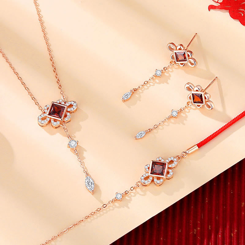 925 Sterling Silver Chinese Knotting Red Zircon Wealth Necklace Pendant Bracelet Earrings Set