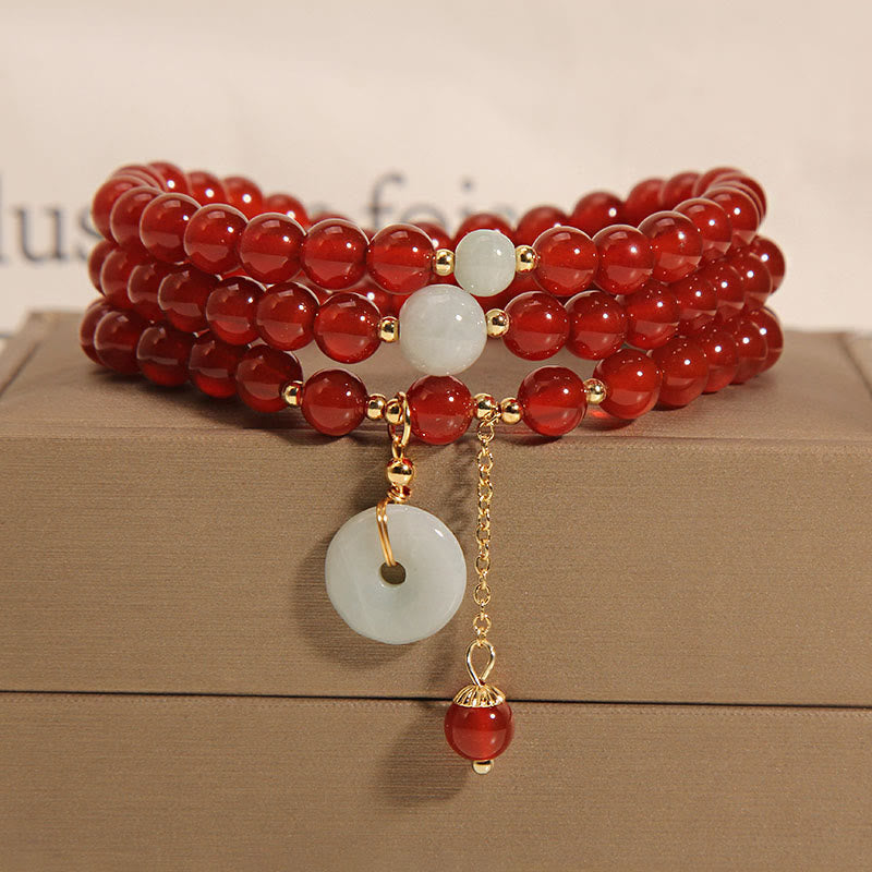 Natural Red Agate Jade Peace Buckle Calm Triple Wrap Bracelet
