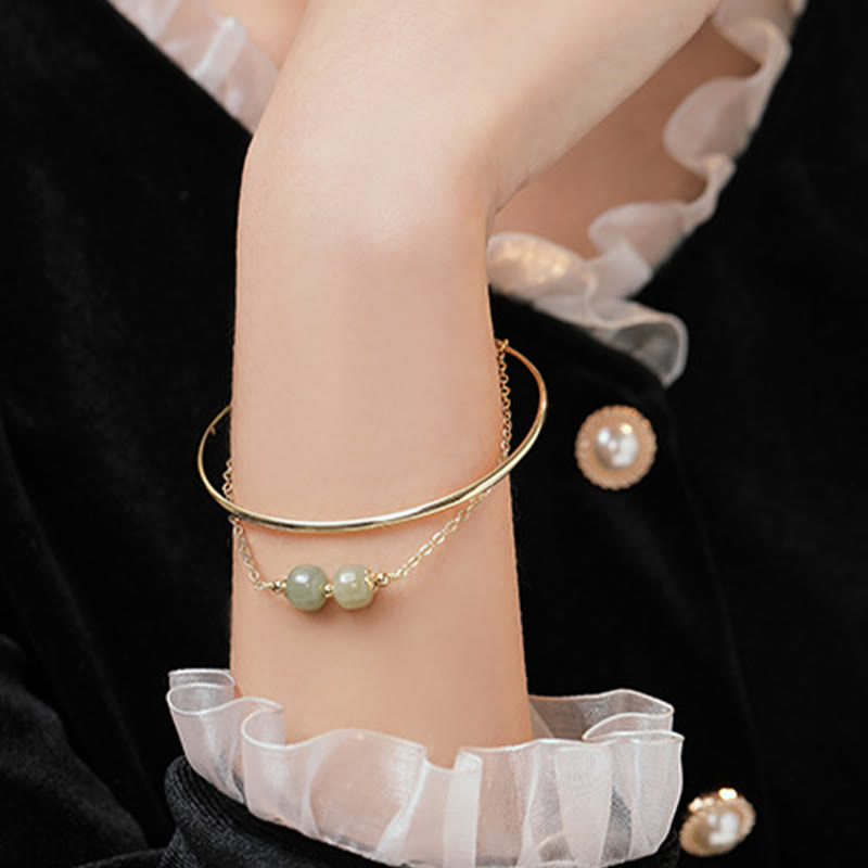 Copper Plated Gold Hetian Jade Bead Luck Double Layer Bracelet Bangle - Image 11