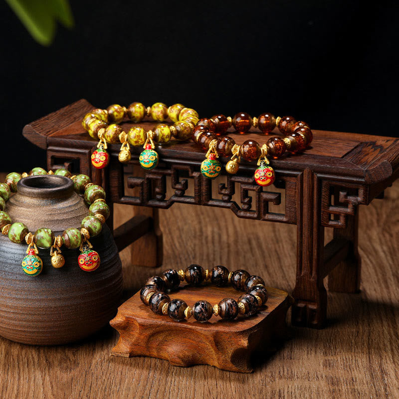 Gold Swallowing Beast Family Charm Liuli Glass Bead Fortune Bracelet - Image 24