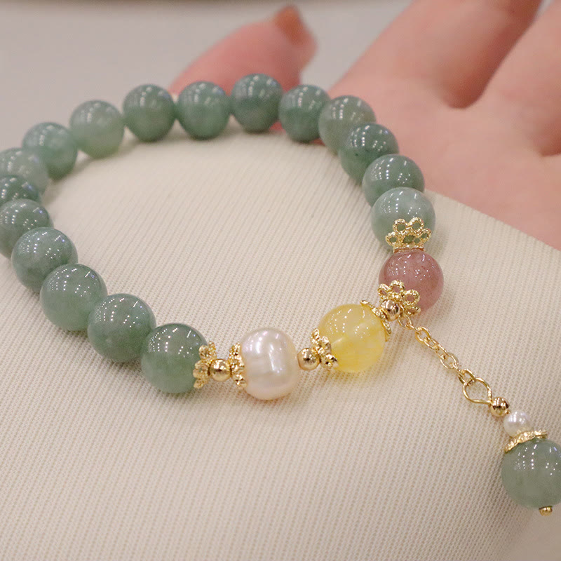 Jade Pearl Strawberry Quartz Abundance Luck Bead Charm Bracelet - Image 3