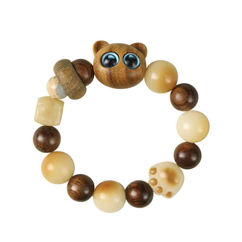 Natural Bodhi Seed Sandalwood Lucky Cute Cat Head Paw Claw Peace Bracelet - Image 12
