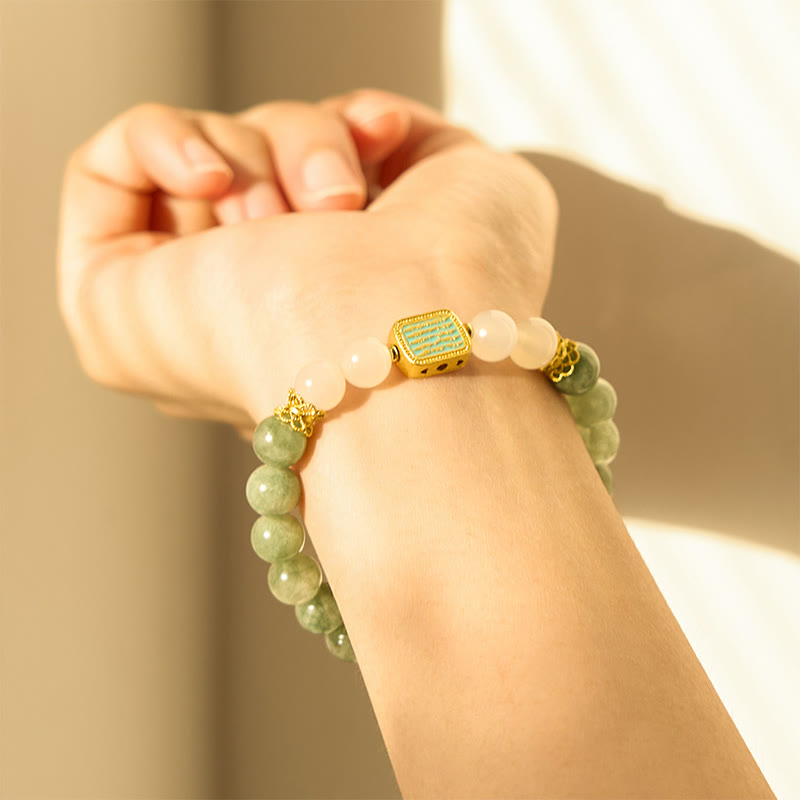 Natural Green Jade White Agate Five Scriptures Abundance Bracelet - Image 4