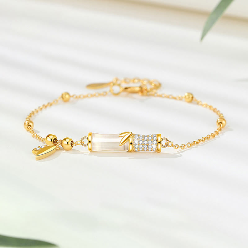 925 Sterling Silver 18K Gold Plated White Jade Bamboo Zircon Leaf Luck Bracelet