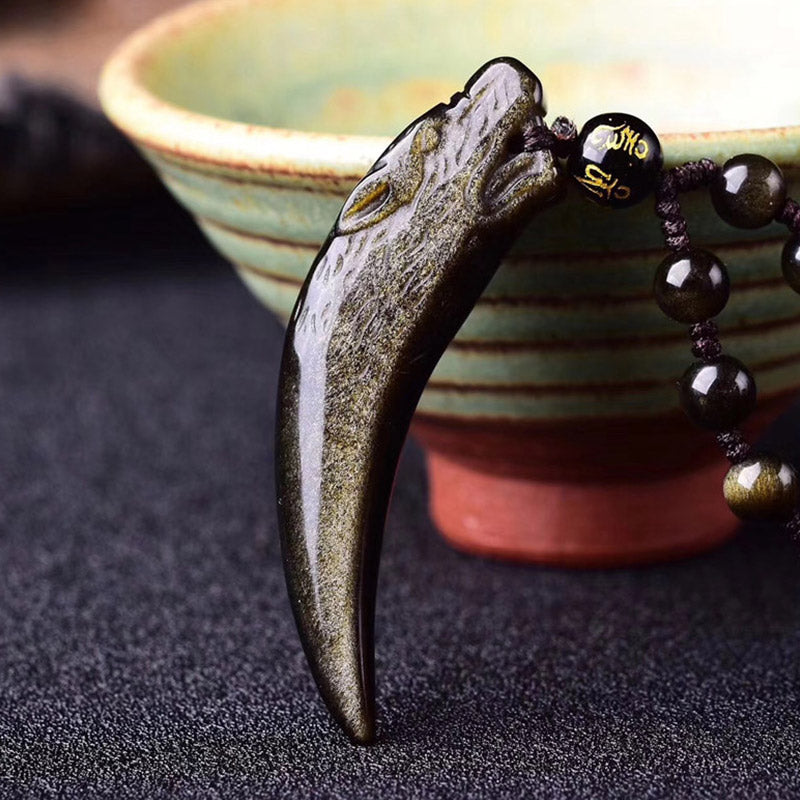 Natural Black Obsidian Ice Obsidian Rainbow Obsidian Wolf Tooth Pattern Strength Necklace Pendant - Image 10