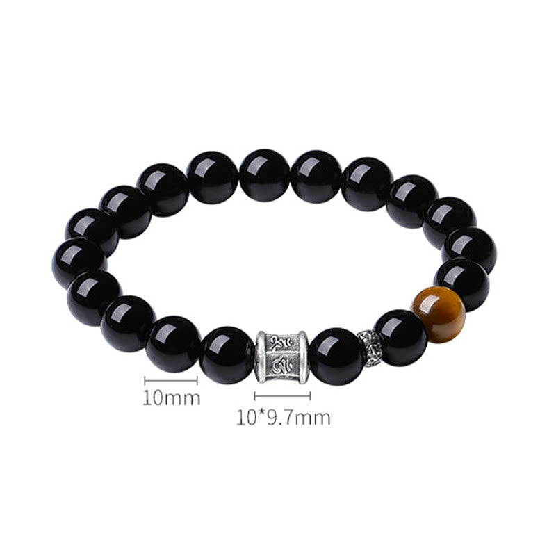 999 Sterling Silver Black Obsidian Tiger Eye Om Mani Padme Hum Fulfillment Bracelet - Image 11