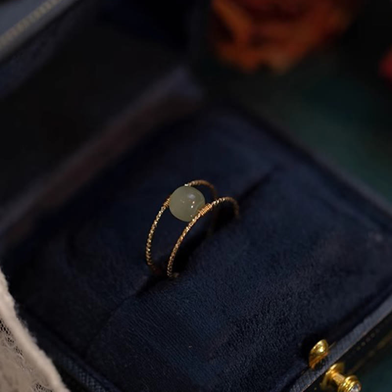 Round Jade Pearl Bead Double Layer Copper Luck Adjustable Ring - Image 5