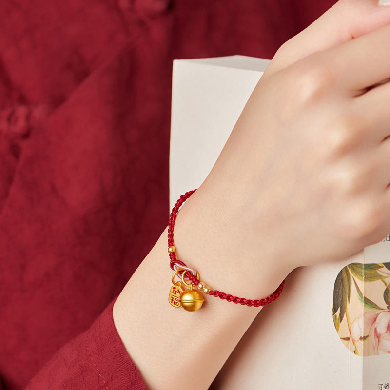 Handmade Fu Character Charm Luck Happiness Bell Red Rope Bracelet - Image 4