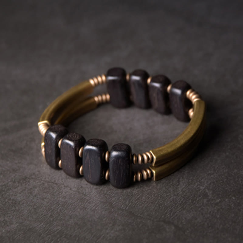 Tibetan Ebony Wood Brass Copper Balance Double Layer Bracelet - Image 9