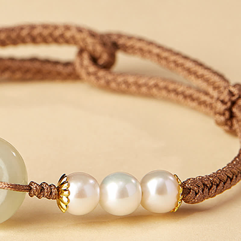 Natural Hetian Jade Pearl Peace Buckle Luck Bracelet - Image 9