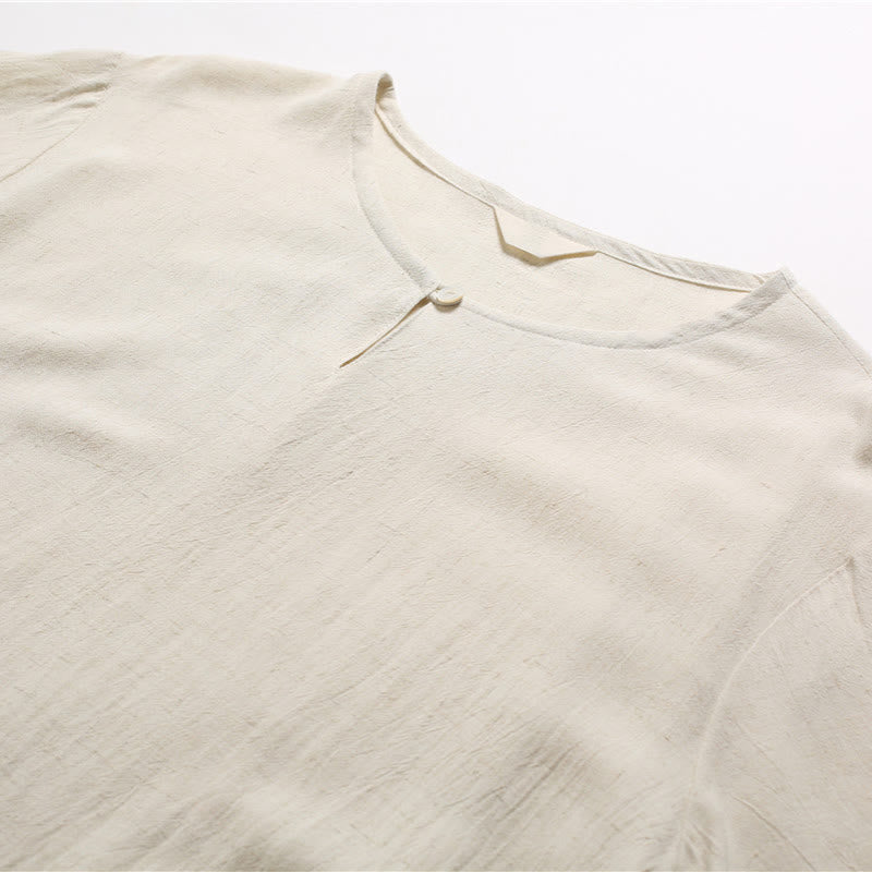 Men's Solid Color Round Neck Short Sleeve Cotton Linen Shirt - Image 19